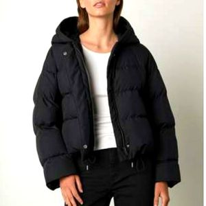 VELVET by Graham and Spencer Raylin Crop Puffer Jacket Black Tie Cinch waist